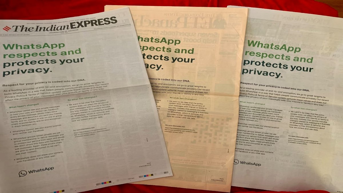 Whatsapp ने अखबारों में दिया फुल पेज का विज्ञापन, प्राइवेसी के सम्मान को बताया अपना DNA Whatsapp ने अखबारों में दिया फुल पेज का विज्ञापन, प्राइवेसी के सम्मान को बताया अपना DNA
