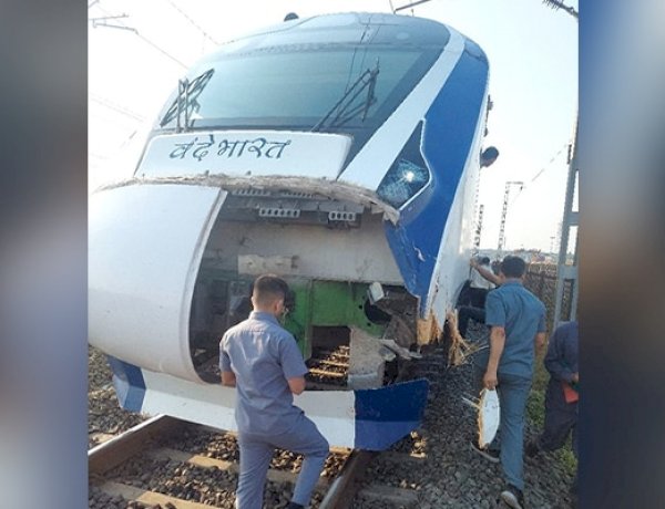 गाय-भैंस के बाद अब सांड से टकराई वंदे भारत एक्सप्रेस, फिर टूटा आगे का हिस्सा गाय-भैंस के बाद अब सांड से टकराई वंदे भारत एक्सप्रेस, फिर टूटा आगे का हिस्सा
