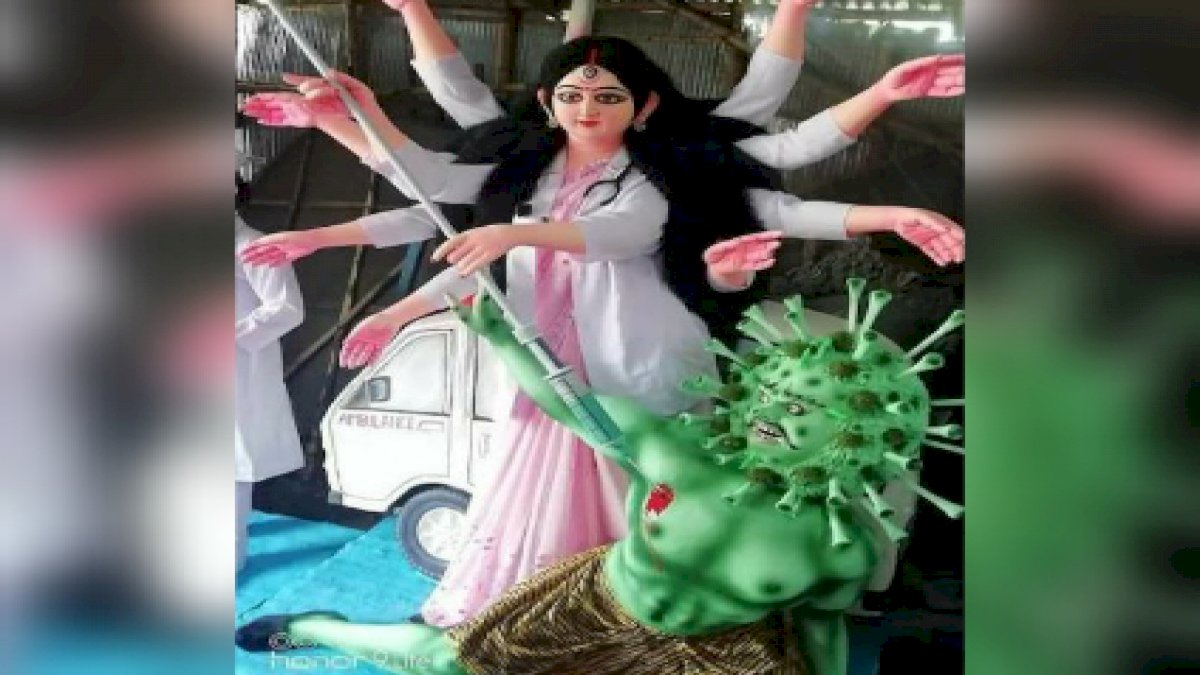डॉक्टर के रूप में नजर आई महामाई, कोरोनासुर का किया वध डॉक्टर के रूप में नजर आई महामाई, कोरोनासुर का किया वध